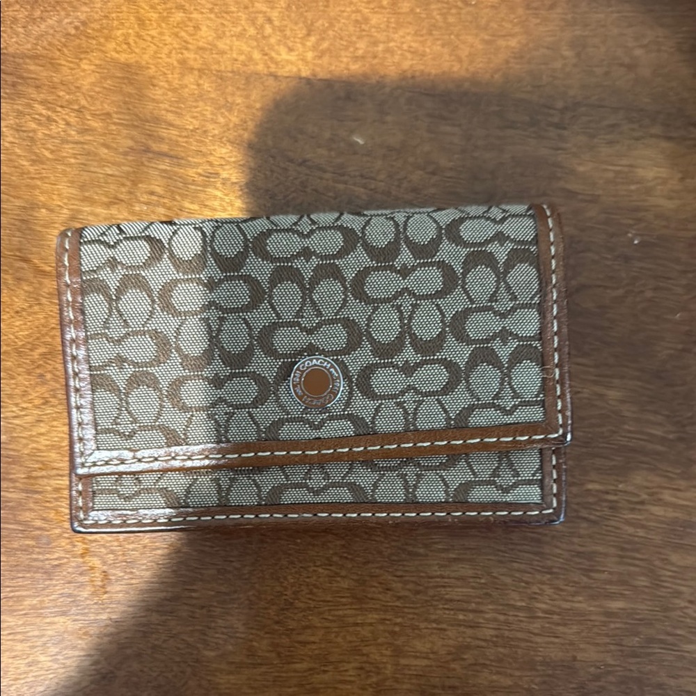 Coach Tan and Brown Key & Card Holder with Signature Monogram